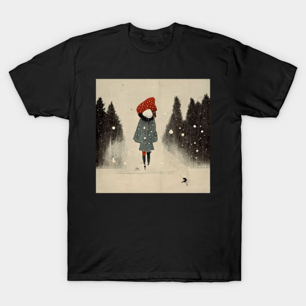 Image of girl in a big red toque walking in the snow as the flakes begin to fall. T-Shirt by Liana Campbell